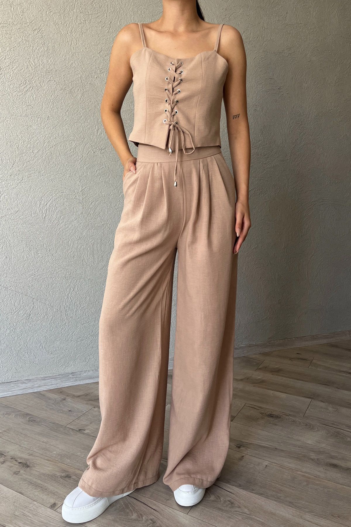 Seda Yalçın Atelier-Mink Crop Trousers and Thin Strap Set with String Detail 3
