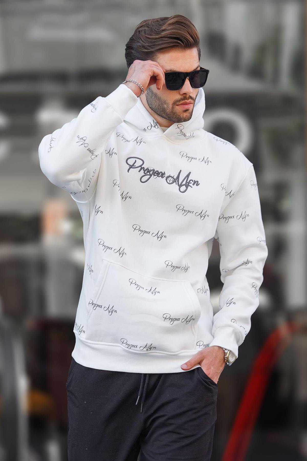 سویشرت مردانه کلاهدار با چاپ خاکستری رنگ شده با جزئیات جیبی