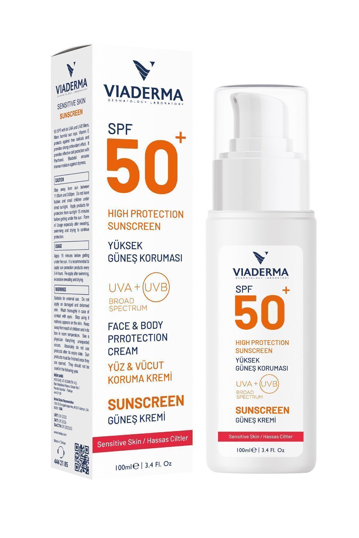 کرم ضد آفتاب صورت و بدن با محافظت بالا SPF+50 برای پوست های حساس خشک و قرمز 100 میلی لیتر Viaderma