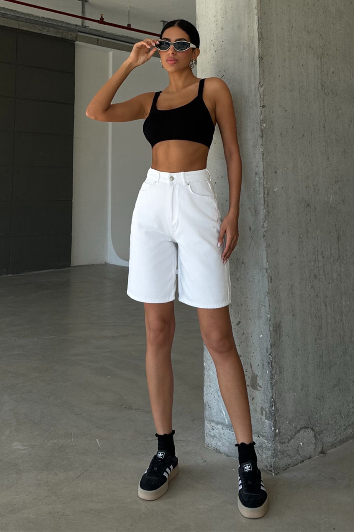 Maule-Pantaloni scurți din denim alb cu talie înaltă, cu 5 buzunare - 100% bumbac Gabardine @udine 1
