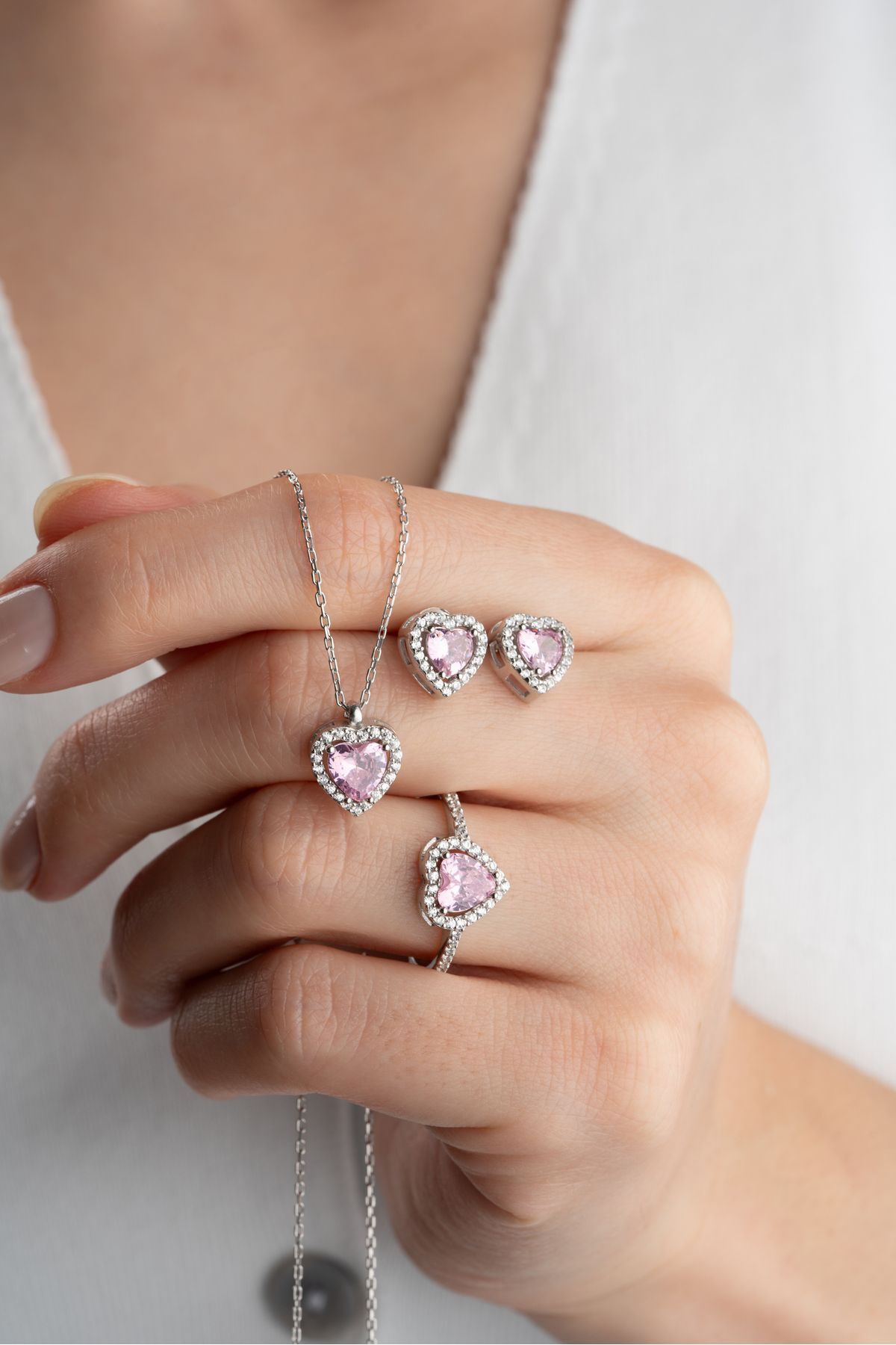 Silvano Jewelry 925 Ayar Gümüş Pembe Kalpli Takı Seti