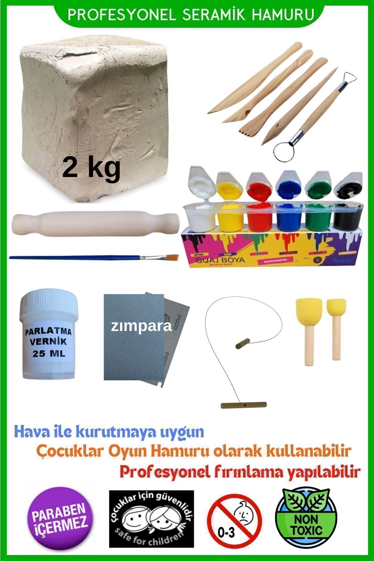 Seramik Hamuru Başlangıç Seti - Guaj Boya, Ebeşuar, Merdane,fırça, 2000gr Beyaz Doğal Kil