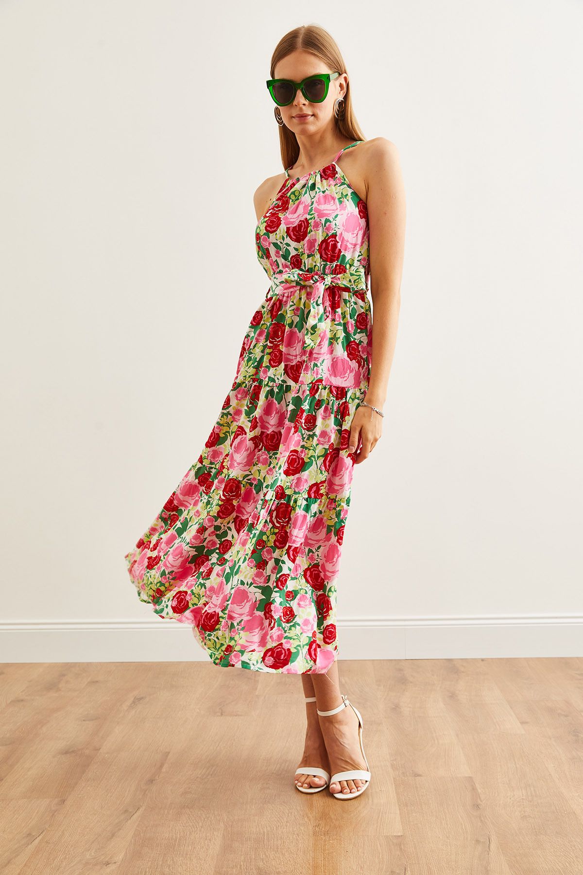 Kadın Gül Pembe Halter Yaka Kuşaklı Dokuma Viscon Elbise ELB-19001548