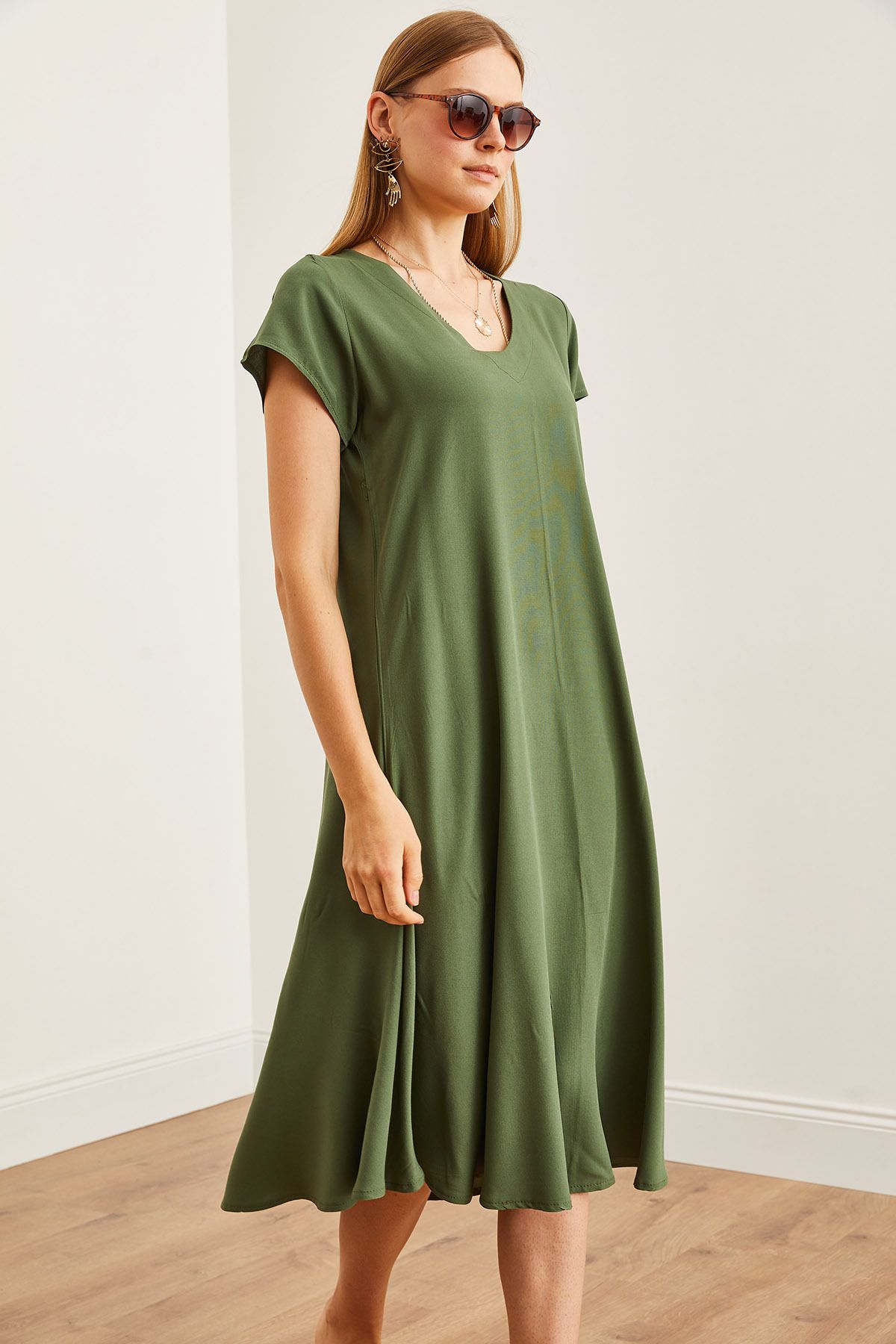 Olalook-KHaki V-neck Viscose Casual γυναικείο φόρεμα - ELB- 19002245 4