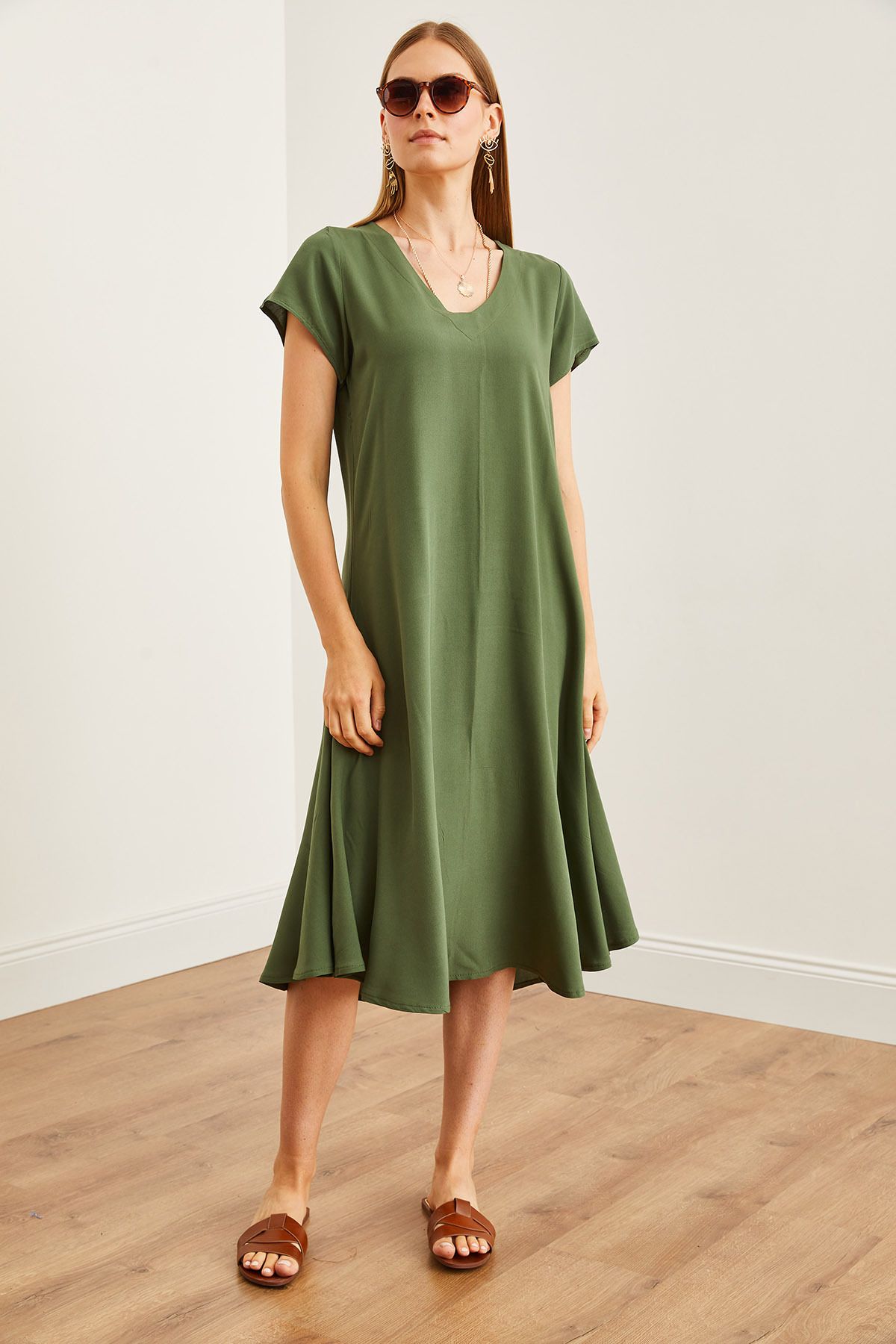 Olalook-KHaki V-neck Viscose Casual γυναικείο φόρεμα - ELB- 19002245 2