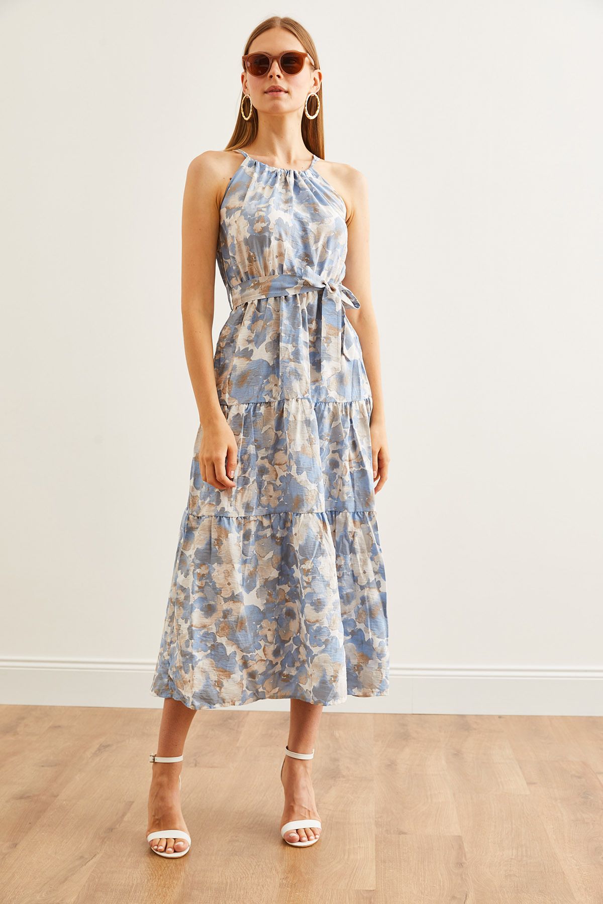 Olalook-Ebru Indigo Neckholder-Kleid aus Viskose mit Gürtel - ELB- 19001548 2