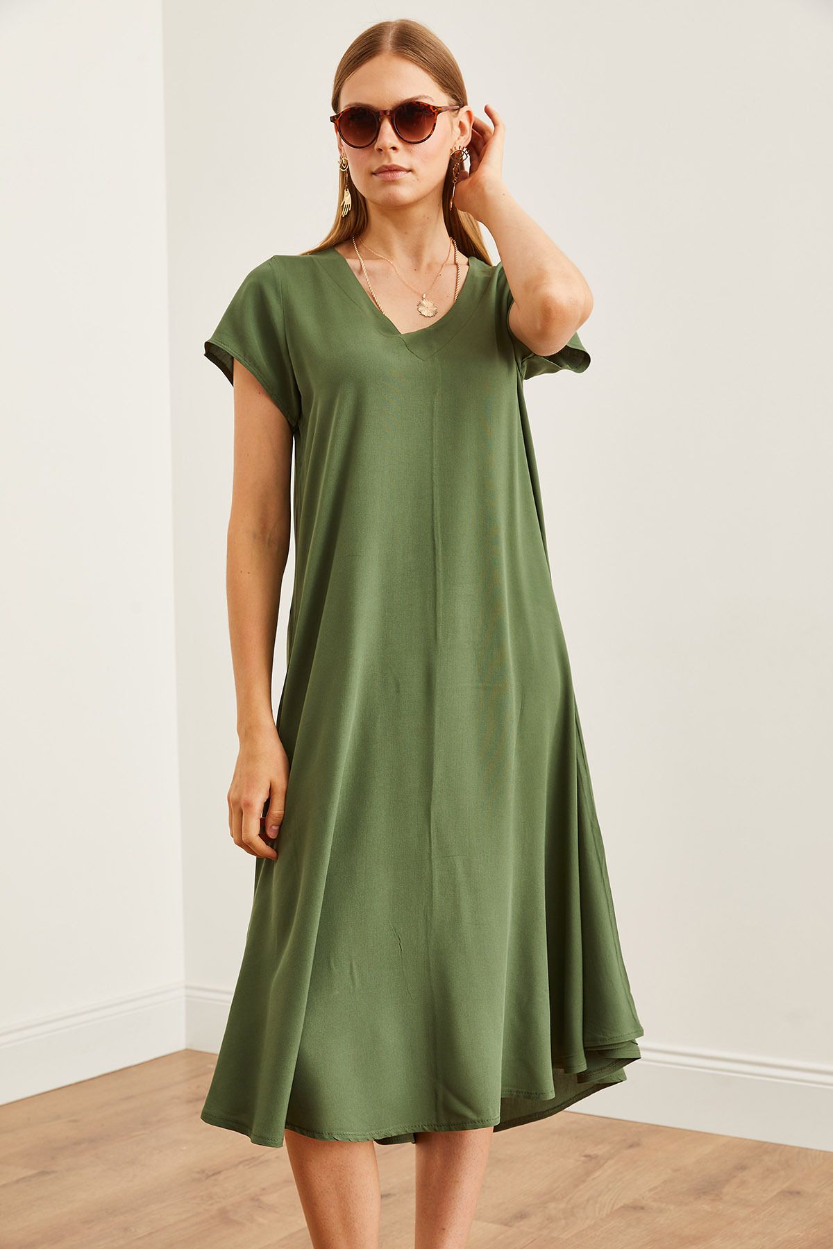 Olalook-KHaki V-neck Viscose Casual γυναικείο φόρεμα - ELB- 19002245 6