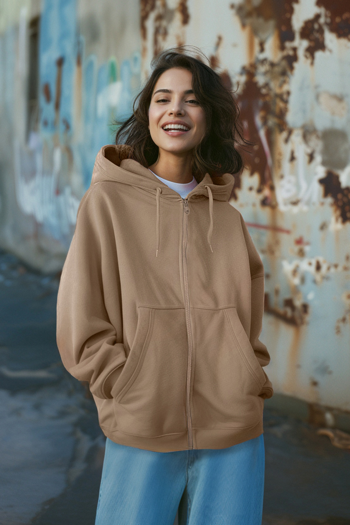 Trendyol Collection Bluza polarowa z kapturem i taupe w dużym rozmiarze - zapinana na suwak, gruba od wewnątrz TWOAW21SW0840