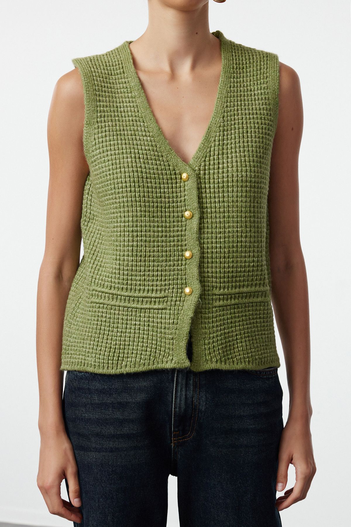 Trendyol Collection-Mintfarbene, geknöpfte, weiche, strukturierte, normale Weste mit V-Ausschnitt – TWOAW25YE00013 3