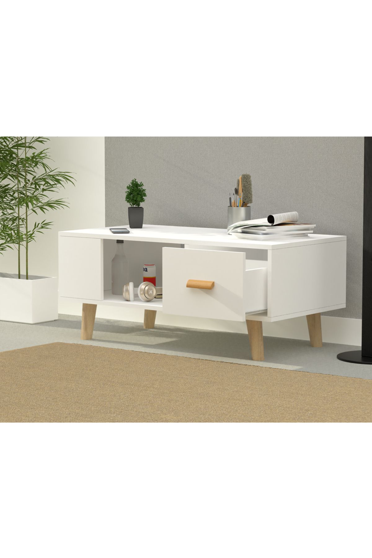 Mahmayi-H302 Modern Coffee Table With Drawer & Shelf - Versatile White Storage Unit 5