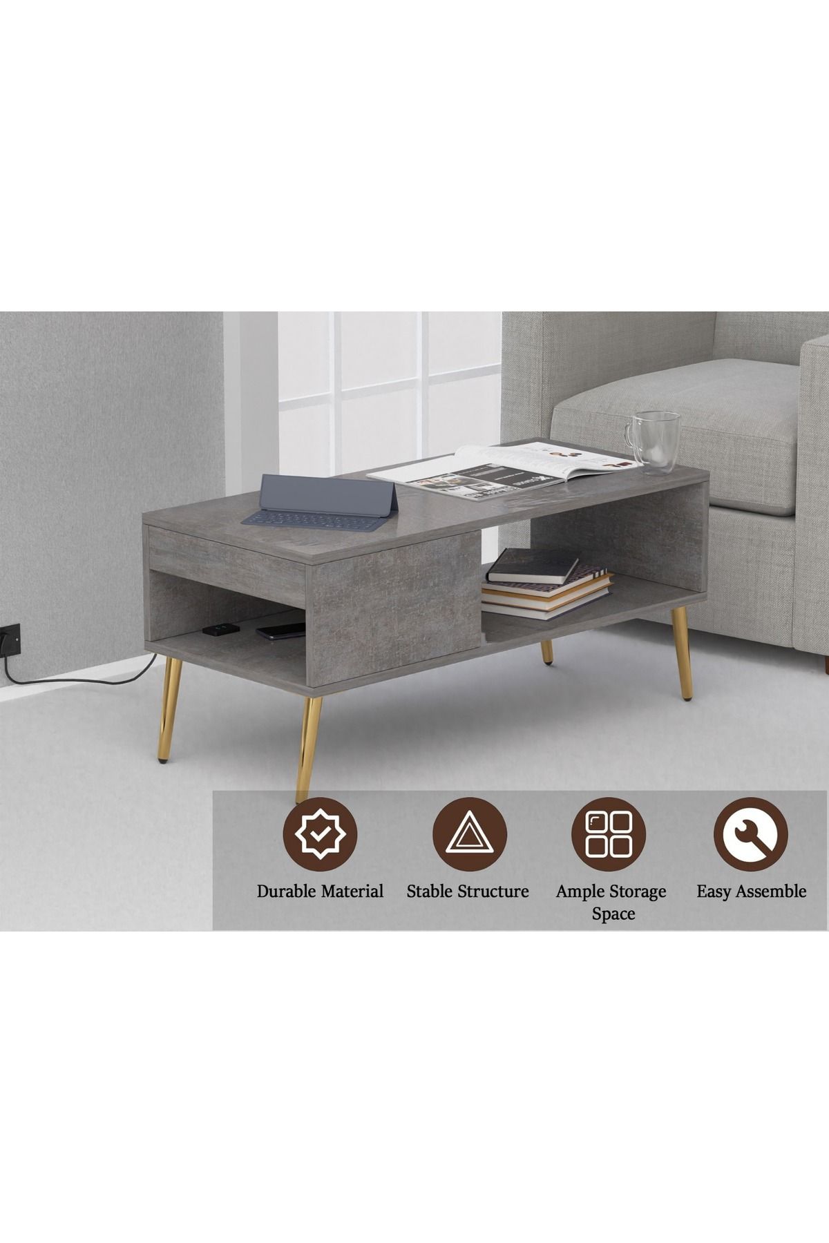 Mahmayi-Modern Coffee Table with USB Port & Storage - Sleek, Durable & Space-Saving Design 3