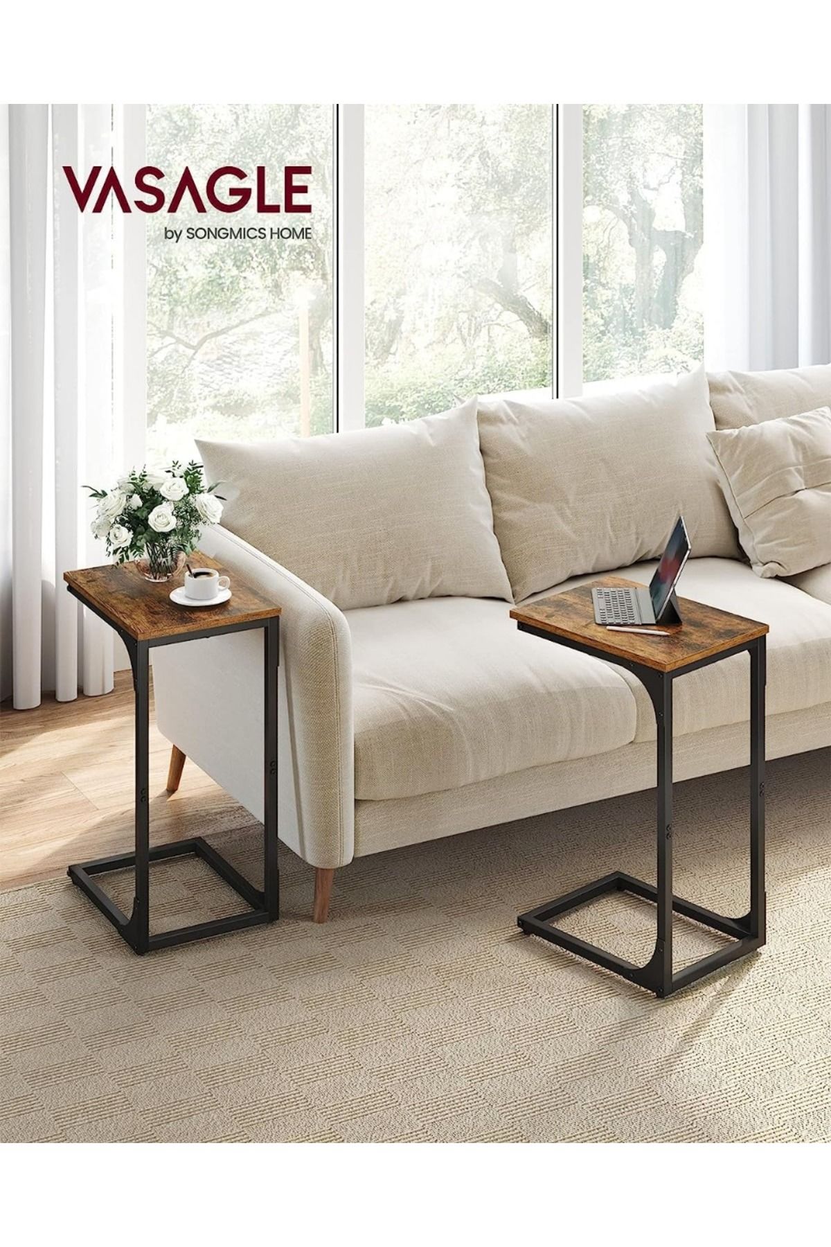 Mahmayi-VASAGLE C-Shaped End Table Set of 2, Space-Saving Side Tables for Couch/Bed, Rustic Brown & Black 2