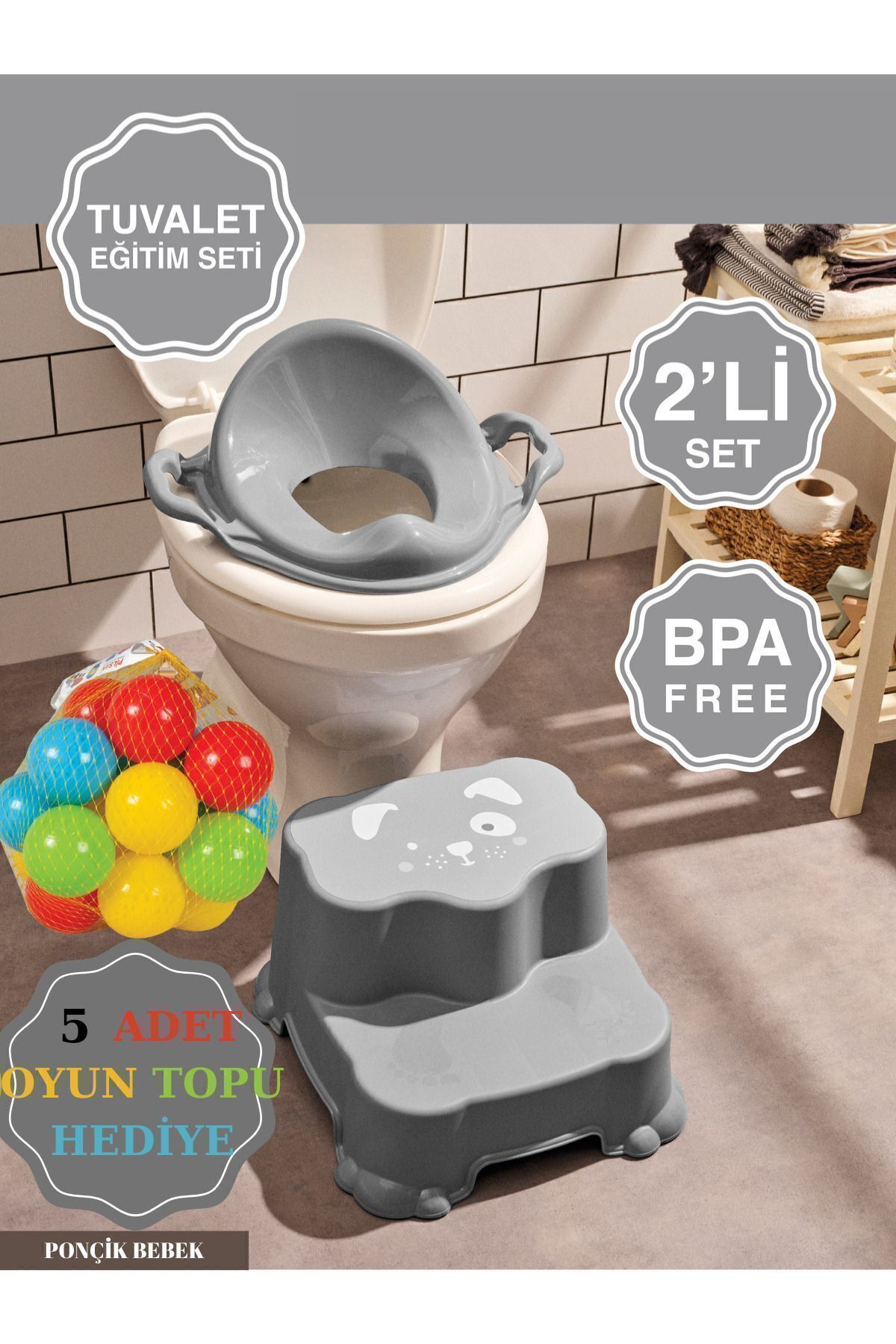 Zuu Baby Kaydırmaz Çift Basamaklı Çocuk Taburesi Ve Kulplu Klozet Tuvalet Alıştırma 2'li Set Gri 5 Top