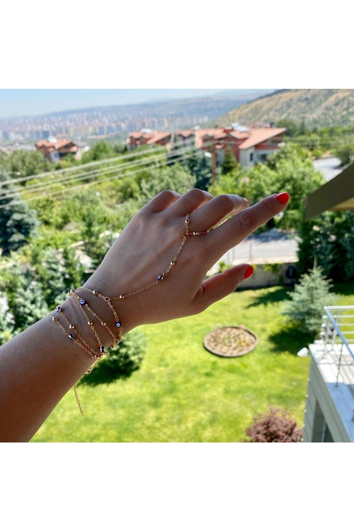 14k Altın Kaplama Nazar Boncuklu Dolama El Aksesuarı 2