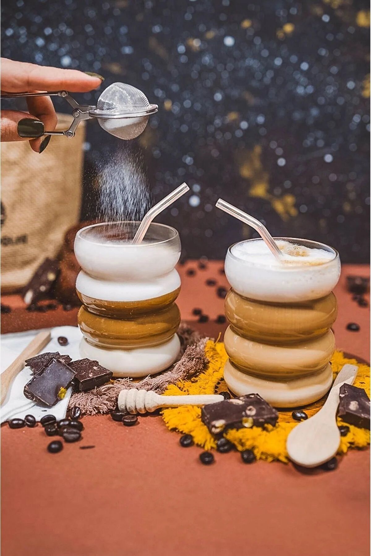 2 Heat Resistant Borosilicate Glass Straw Shaped Striped Glasses Coffee and Serving Glass 300 Ml
