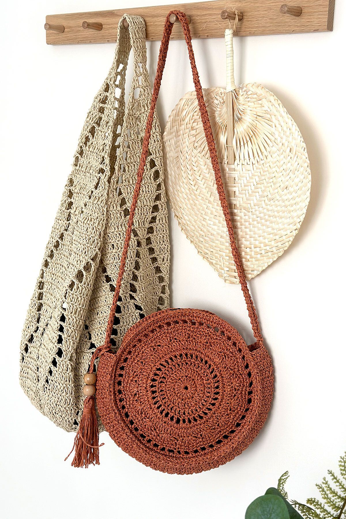 BECCASTYLE-Brick Color Round Bag - Macrame, Bohemian, Tasseled Straw and Knitted Crossbody Bag 5