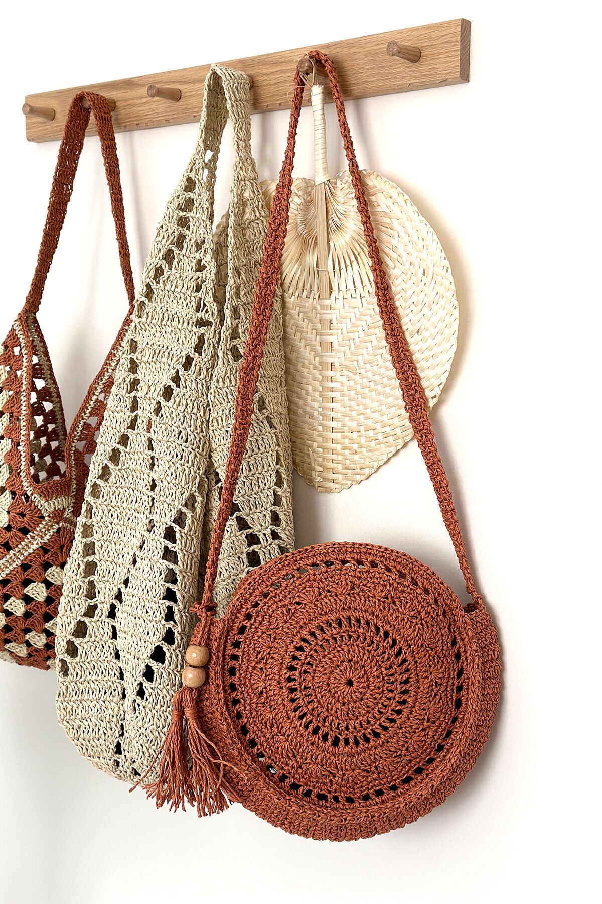 BECCASTYLE-Brick Color Round Bag - Macrame, Bohemian, Tasseled Straw and Knitted Crossbody Bag 3