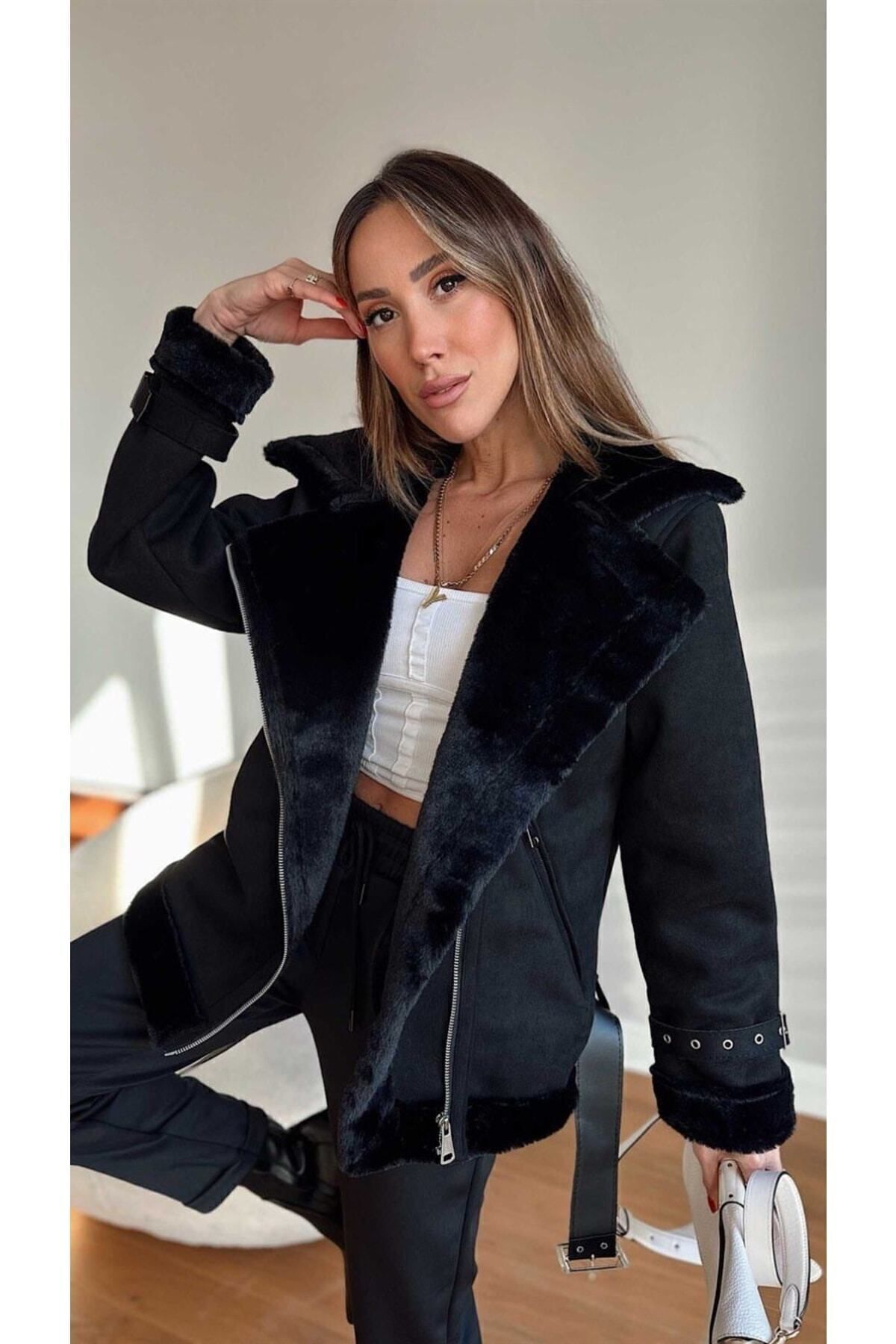 ZF BUTİK Płaszcz damski zamszowy - ze ściągaczem wewnątrz i paskiem