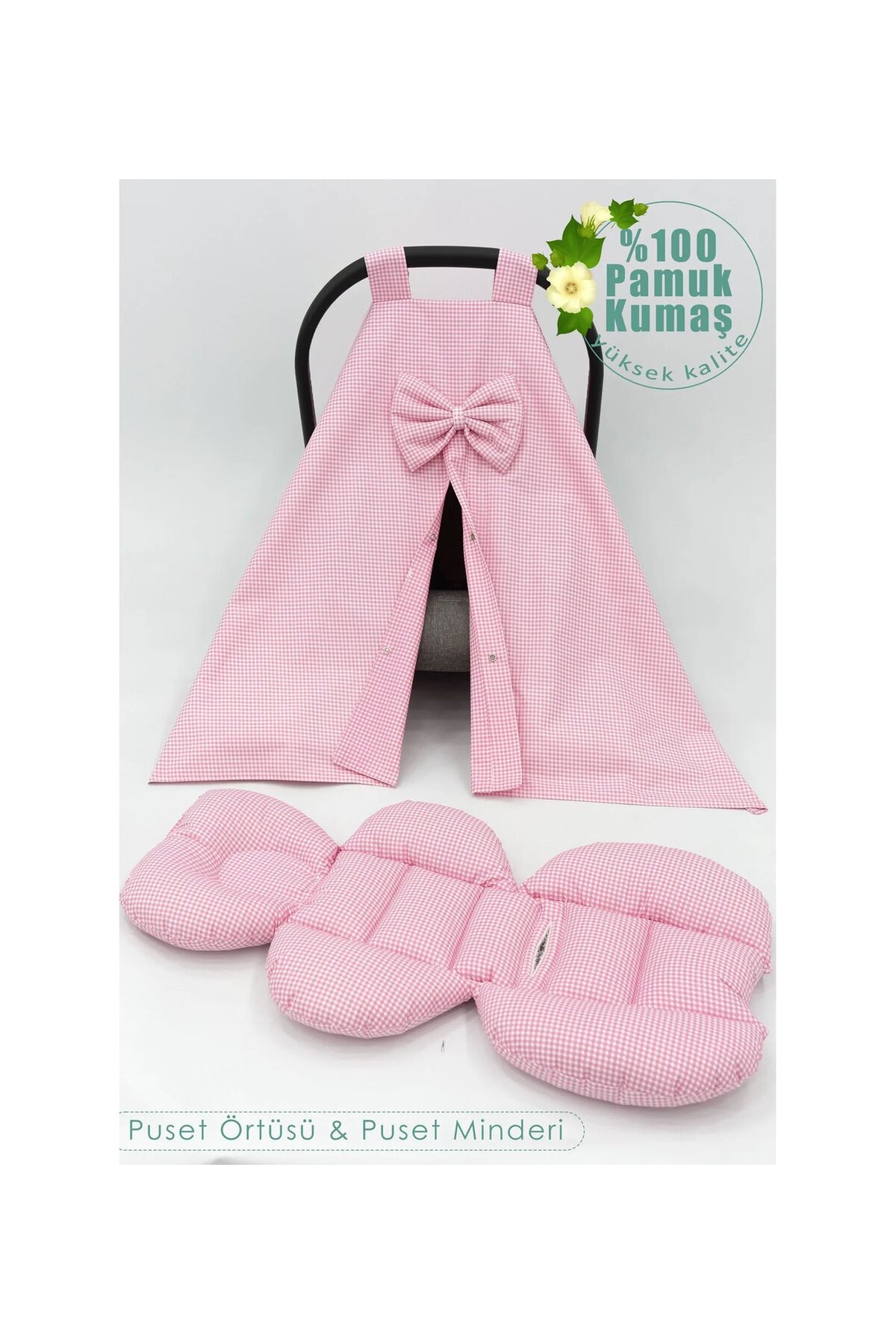 mordesign Bebek Puset Minderi Ve Örtüsü, Avantajlı Set, Bebek Oto Koltuğu Örtüsü/minderi, Ekose Serisi, Pembe