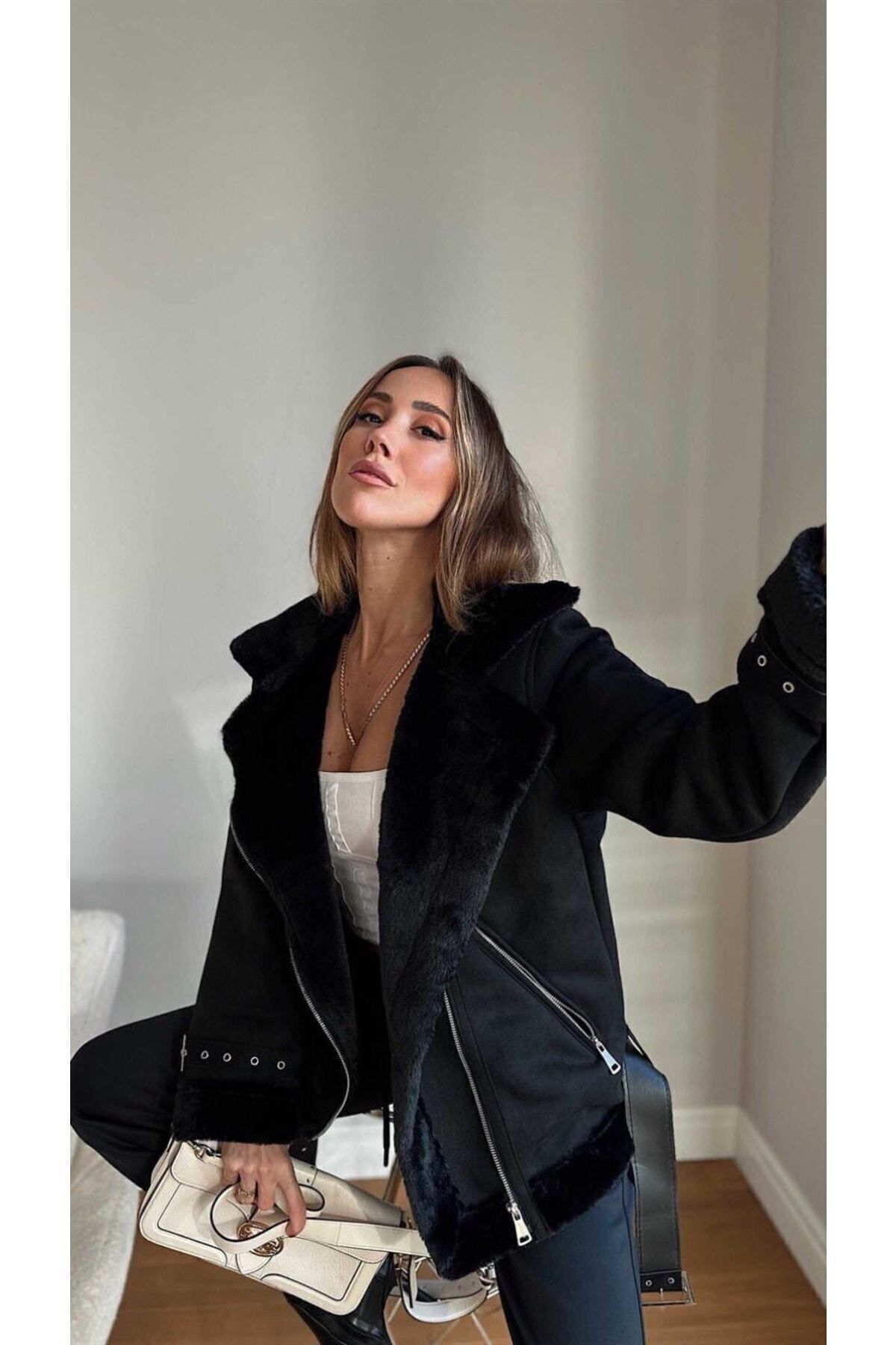 Manteau en daim noir femme avec ceinture et fermeture éclair - Görsel 6