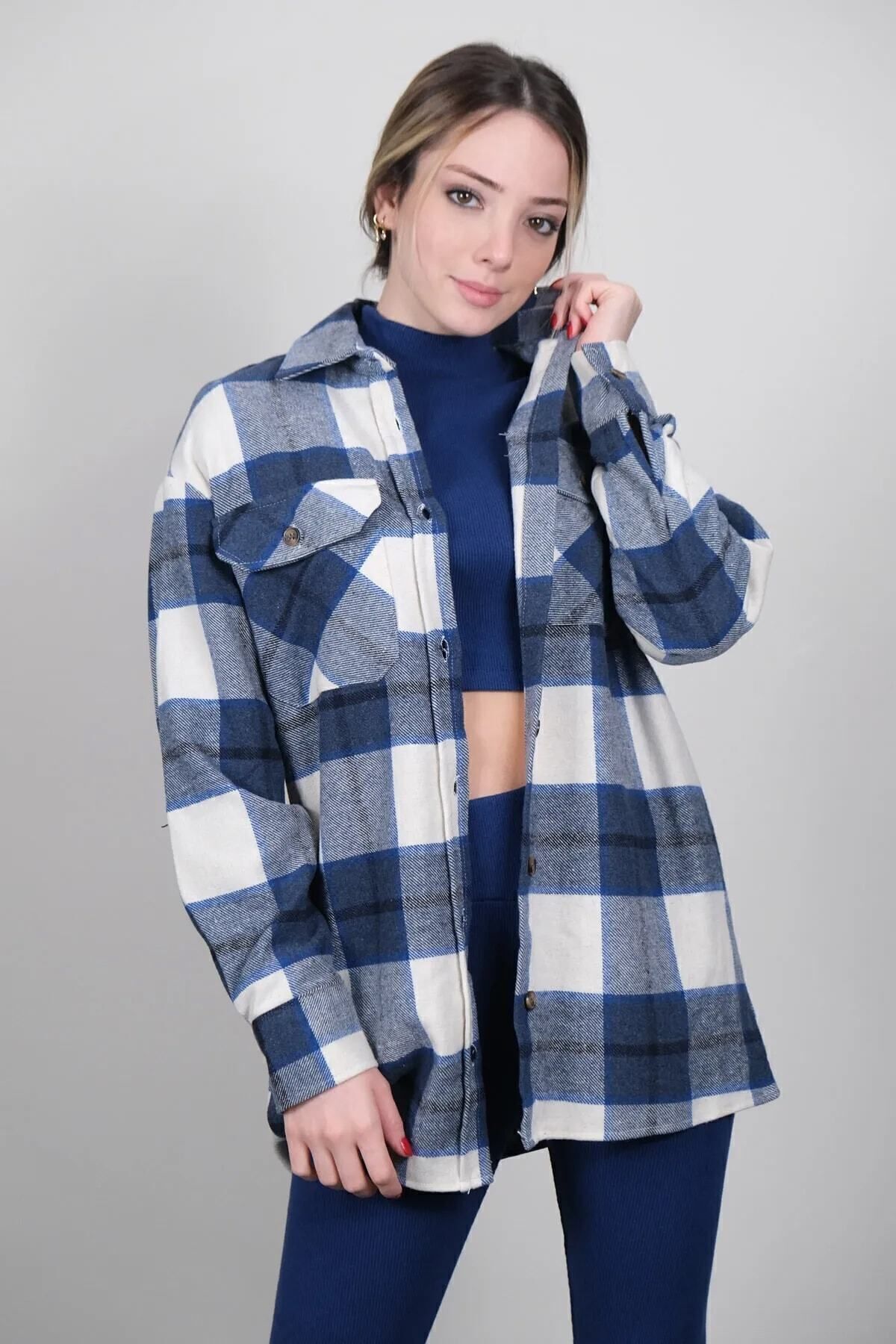 Toptan | Saks Çift Cep Kapaklı Oversize Kadın Gömlek| Mk22w164661