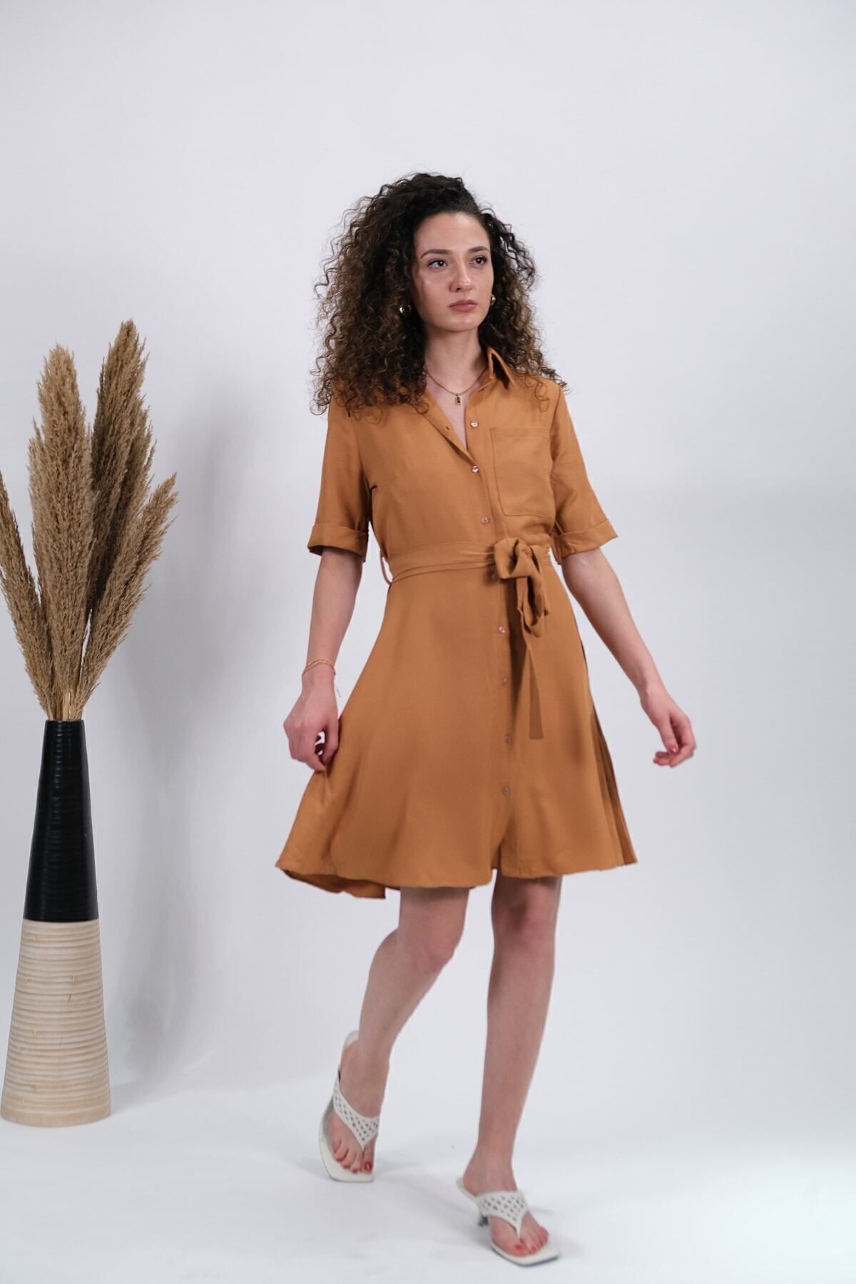 Toptan | Camel Önü Patlı Kısa Kolu Kadın Elbise| Mk22s284399