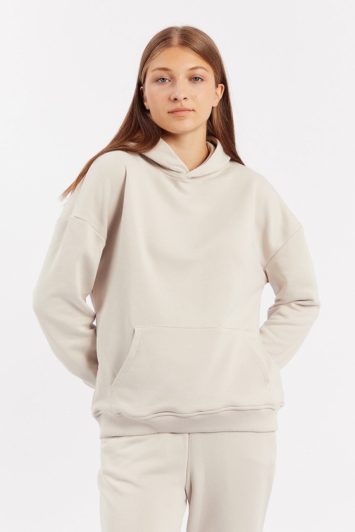 Toptan | Taş Kapüşonlu Kanguru Cepli Oversize Sweat| Mk21n275458