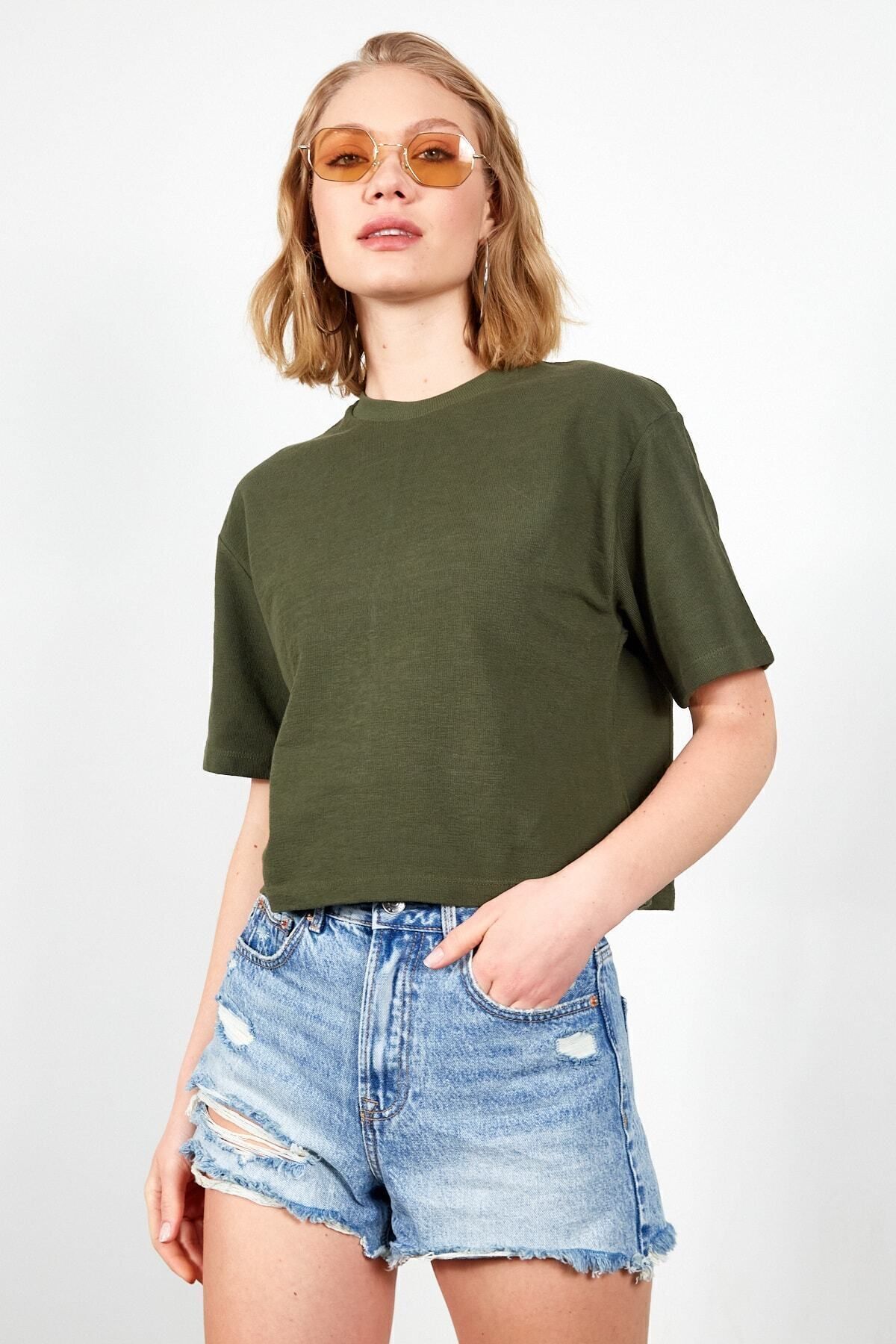 Toptan | Haki Oversize Crop Kadın T-shirt| Mk22w266411