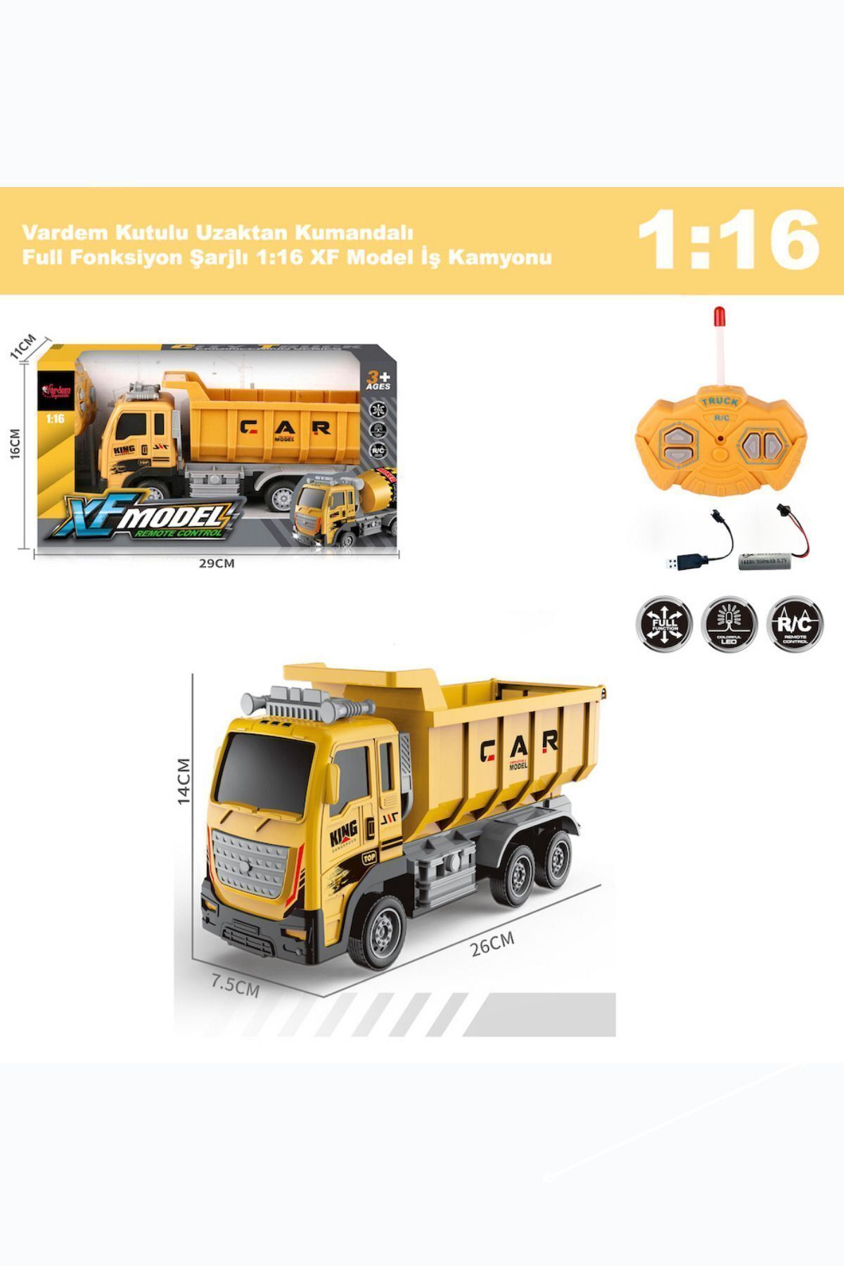 YILDIRIM OYUNCAK Uzaktan Kumandalı Full Fonksiyon Şarjlı 1:16 İnşaat İş Kamyonu Damperli 26 cm