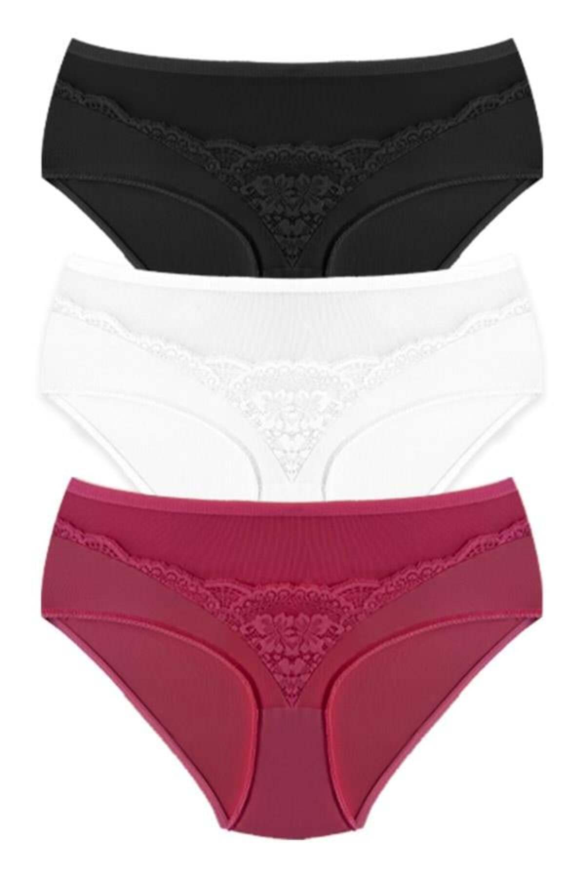 Cottonhill-Large Size Transparent Lace Detailed Bikini Panties - Elastic Waist, 3 Pack 1