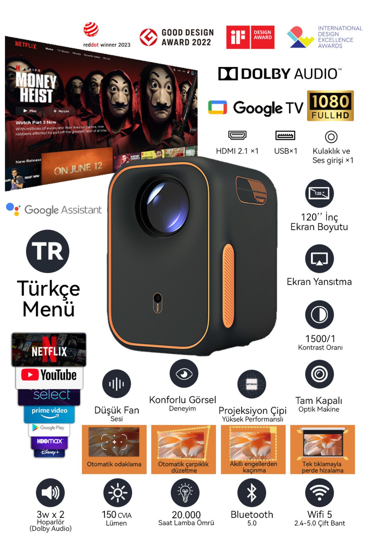 Xming Episode One Projeksiyon Cihazı, Lisanslı Google TV,  Dolby Audio, HDMI 2.1, Oto-Odakl