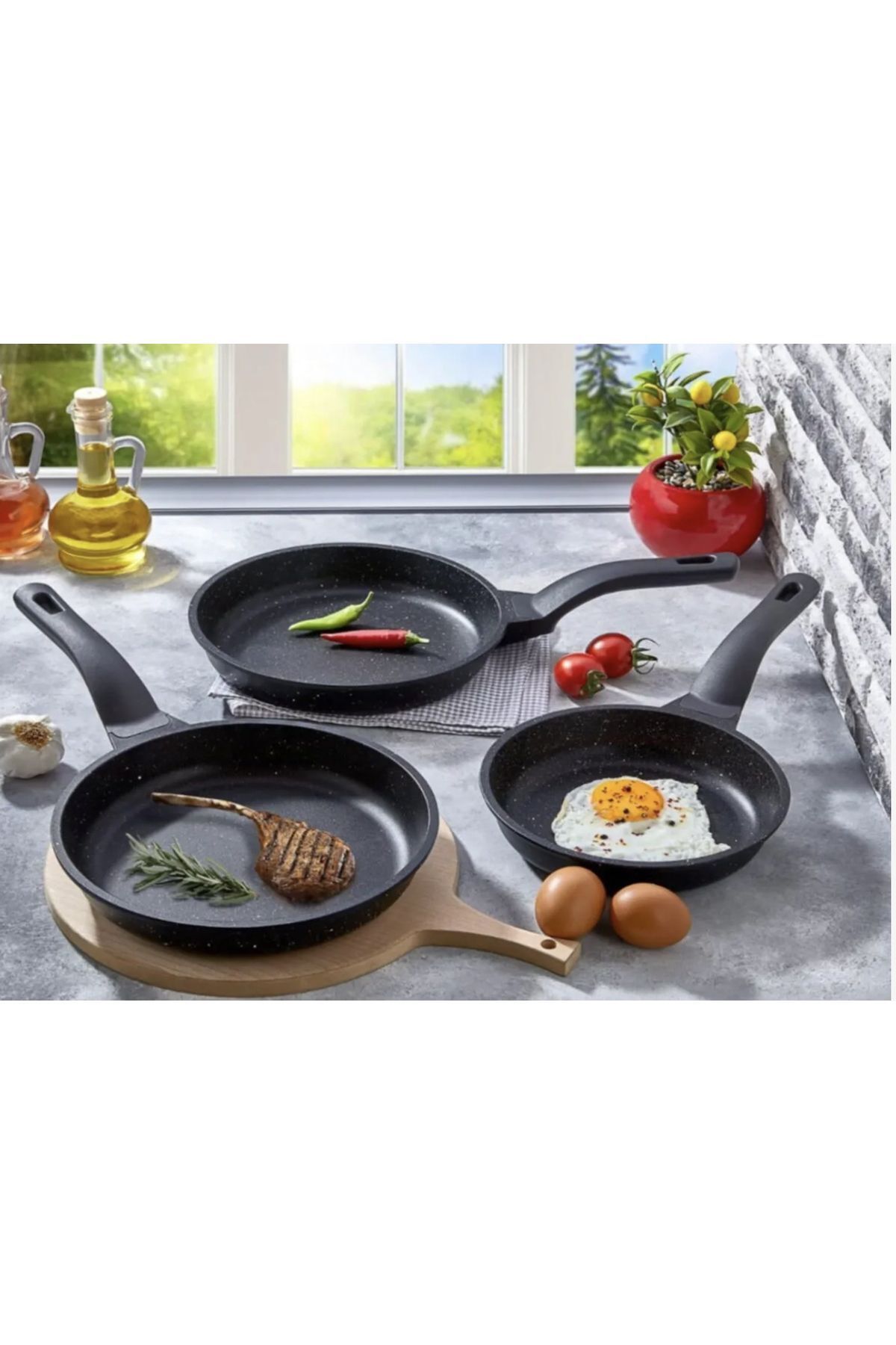 LinkaHome 3'lü Döküm Yanmaz Yapışmaz Granit Tava Seti 20 Cm 24 Cm 28 Cm