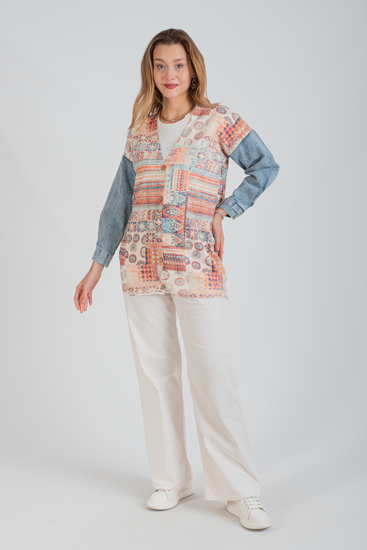 HatunAtila Sleeve Denim Detailed Patterned Long Knitwear Cardigan - 1180-13