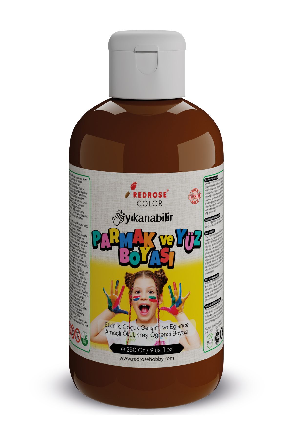 رنگ انگشتی قهوه‌ای ۲۵۰ گرم قابل شستشو، دارای گواهی EN-71، بدون مواد سمی، مناسب برای کودکان و مهدکودک