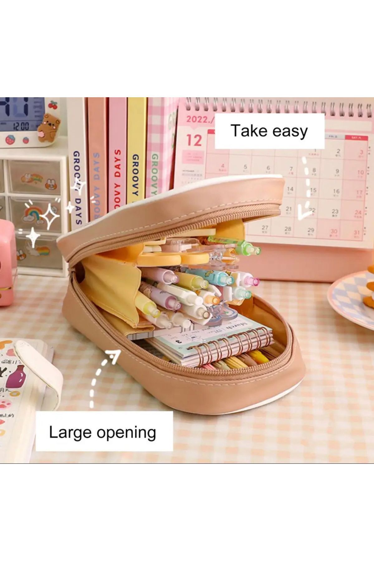 synshop-Kawaii Korean Japanese Stationery Teddy Bear Leather Pencil Case Makeup Bag School Handbag Large Pen Holder 2