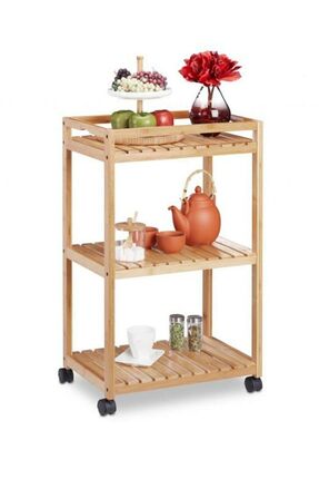 Genel Markalar Mira Ahşap Tekerlekli Ahşap Servis Arabası Masa Çiçeklik 5875