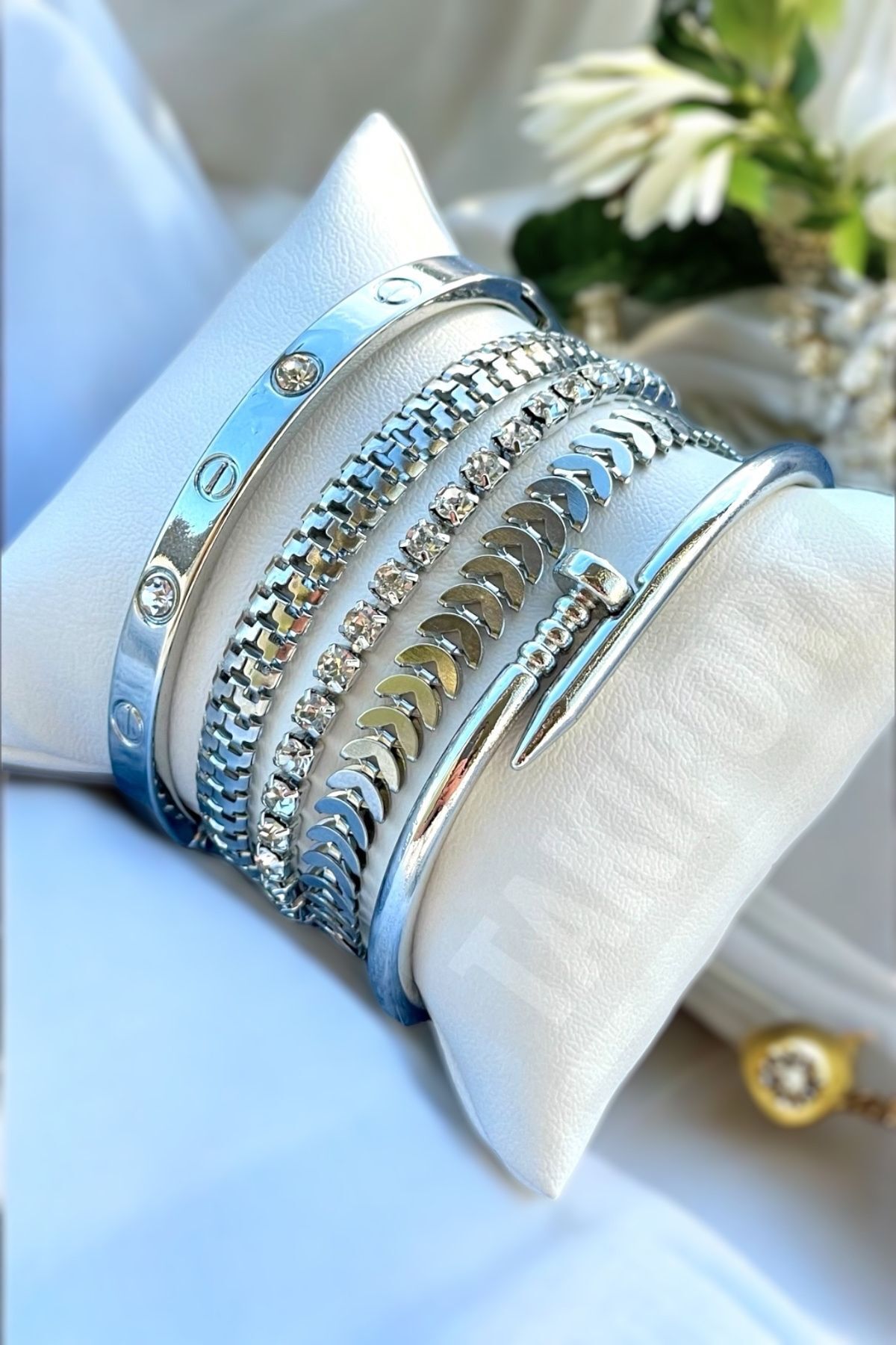 TAKIPORT Yaza Özel Renk Atmaz Gümüş Renk 5 Parçalı Kadın Bileklik Seti