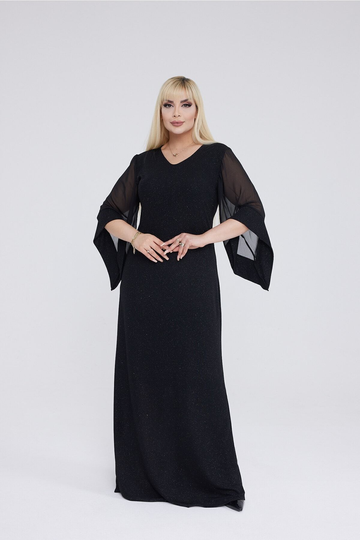 VOLİNAY TEKSTİL Rochie De Seară Din Șifon Cu Mâneci Lungi Din Țesătură Lurex Femeie - 60