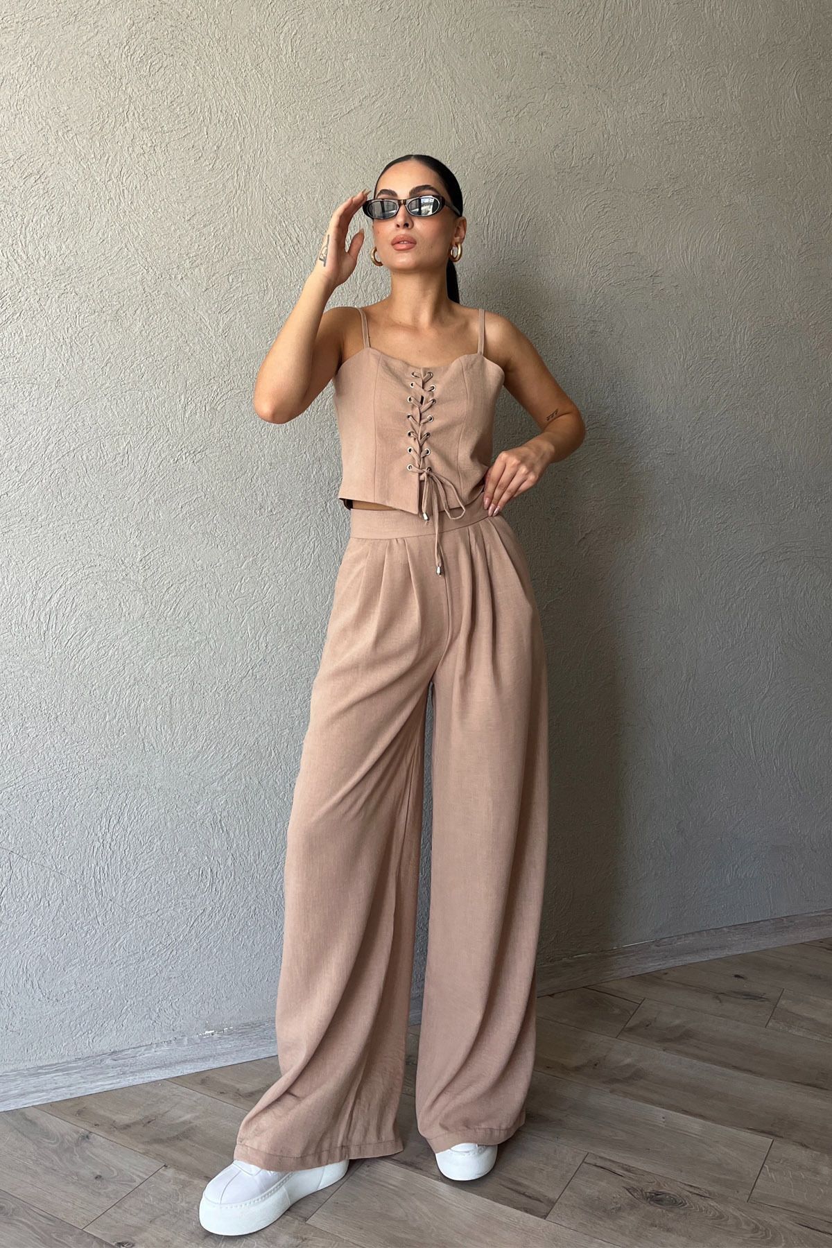 Seda Yalçın Atelier-Mink Crop Trousers and Thin Strap Set with String Detail 1