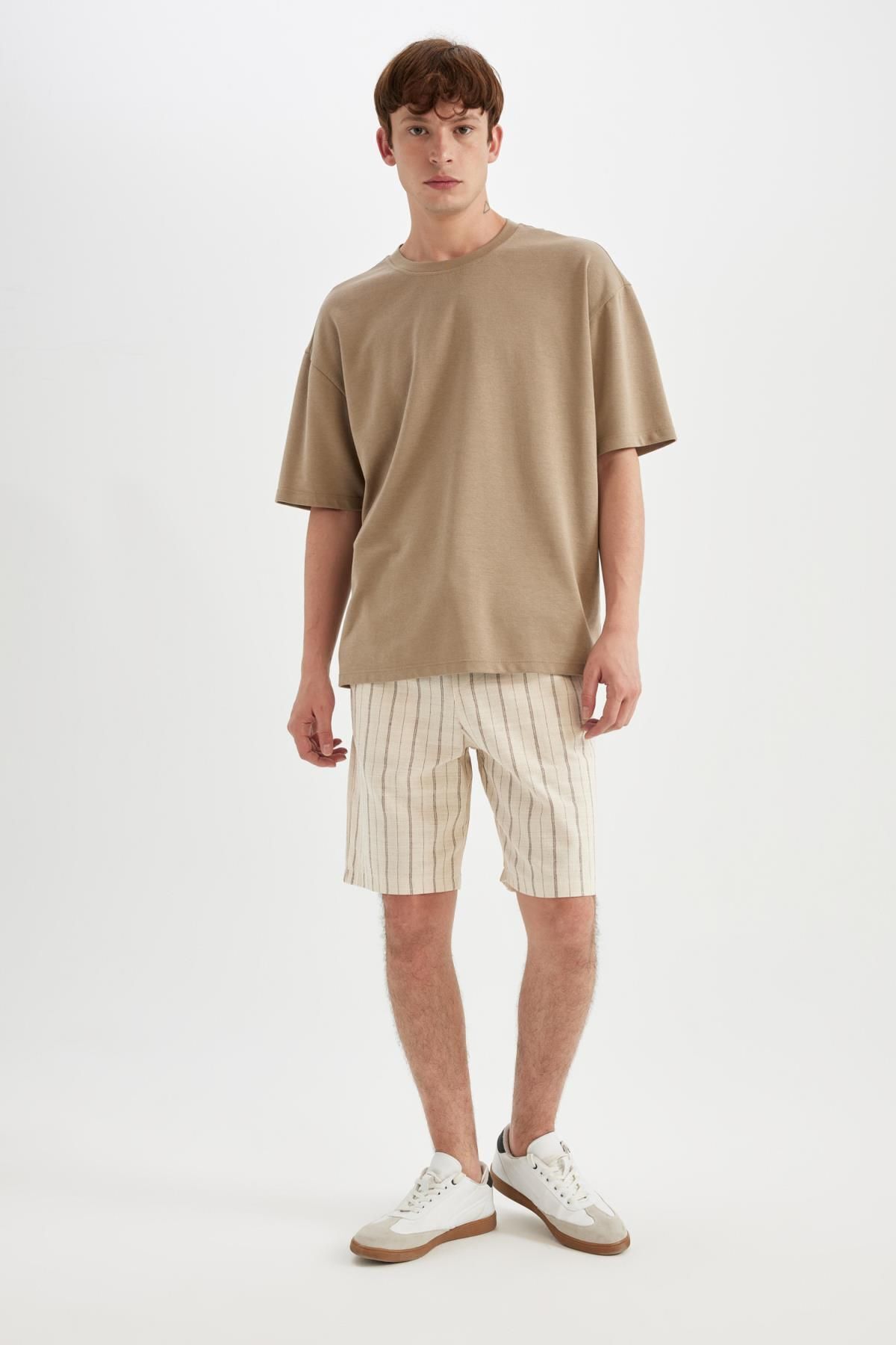 DeFacto-Regular Fit Flexible Banded Leg Linen Look Bermuda Shorts 2