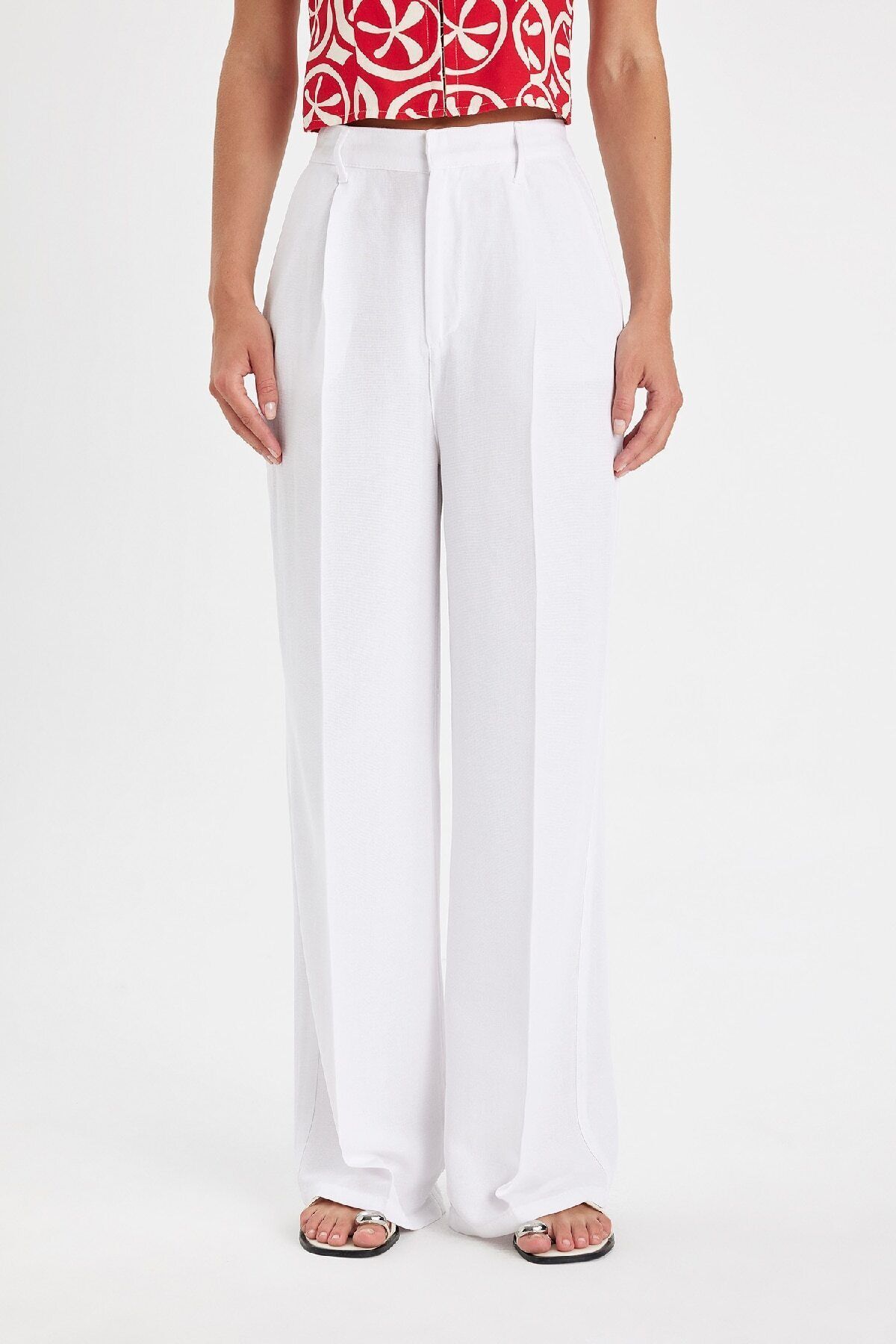 DeFacto-High Waist Pocket Wide Leg Pleated Linen Trousers - Straight Tall 2