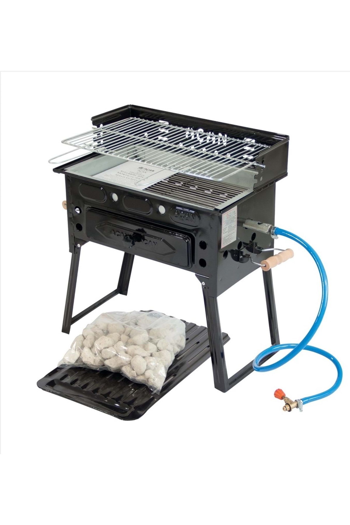 Depolife Emaye Pervazlı Tüplü Mangal  Lav Taşlı lpg li Barbekü Çift ızgara Katlanır ayaklı 30x48cm