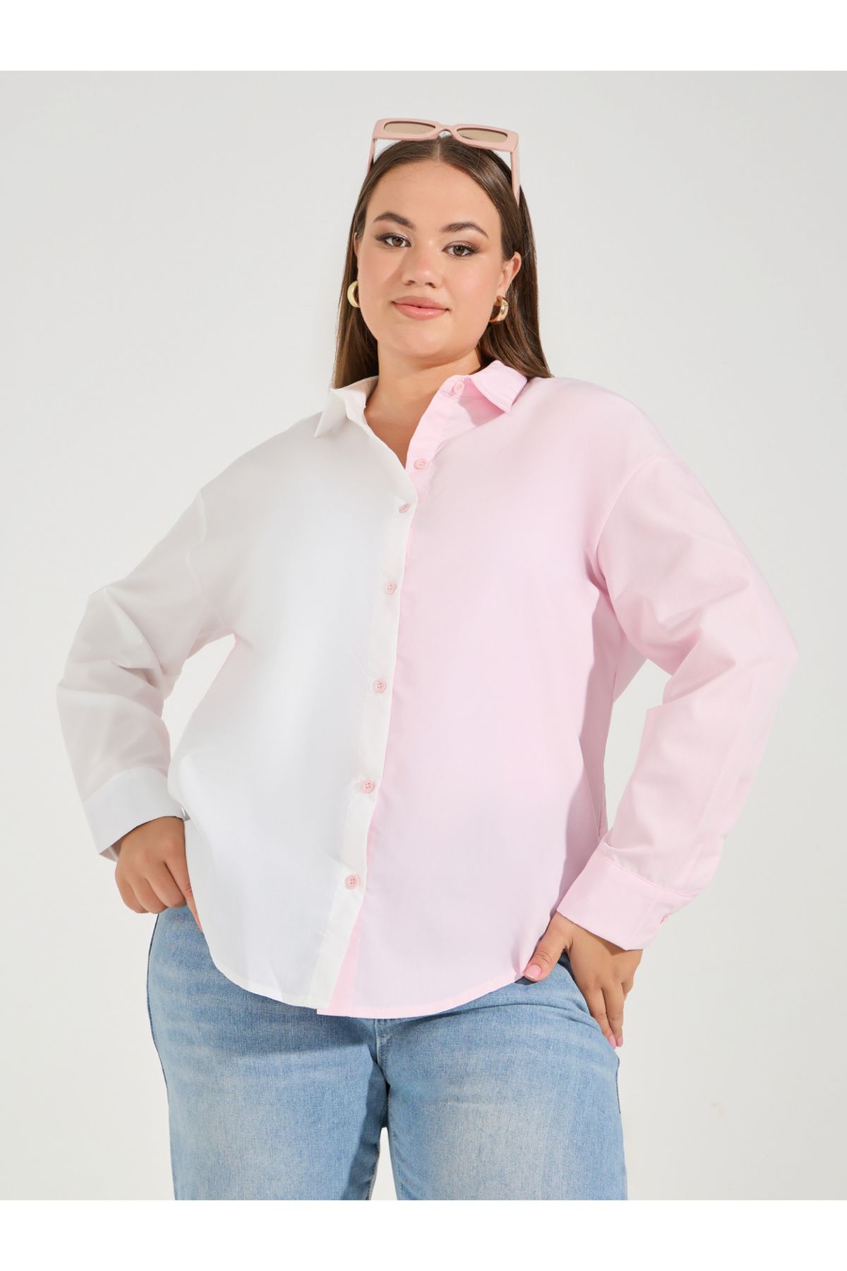 Styli-Plus Size Color Block Oversized Button Down Shirt 4
