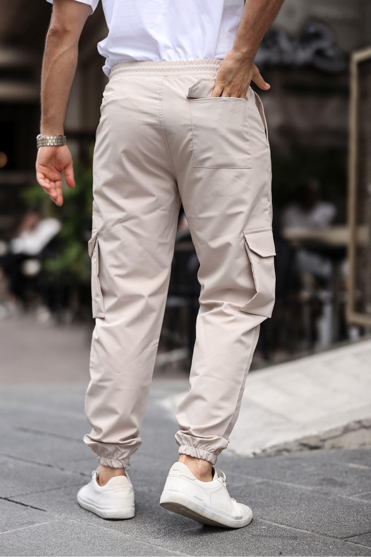 Domoda-Beige Elastic Waist Cargo Pocket Stretchy Laminated Parachute Fabric Men's Cargo Pants 3