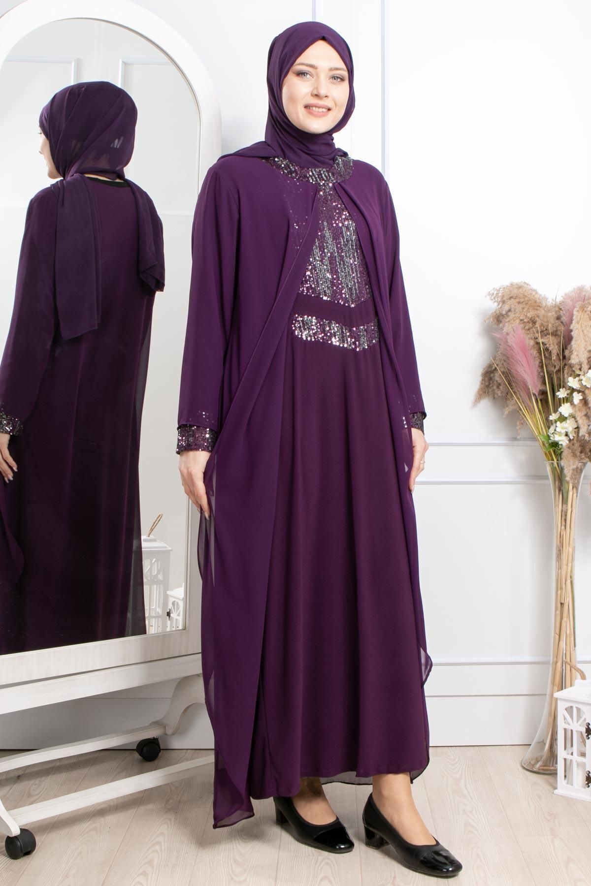 DENİMİNİ-Rochie de seara musulmana cu paiete cu paiete marime mari - Prune DNM2305 2