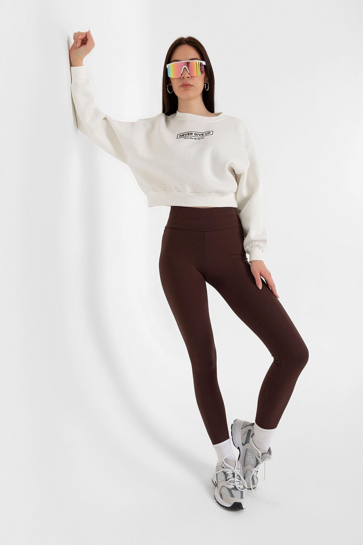 Dark Brown Fleece Elasticated, Raised, Ribbed, Gathering Interlock Winter Knitted Leggings @verona