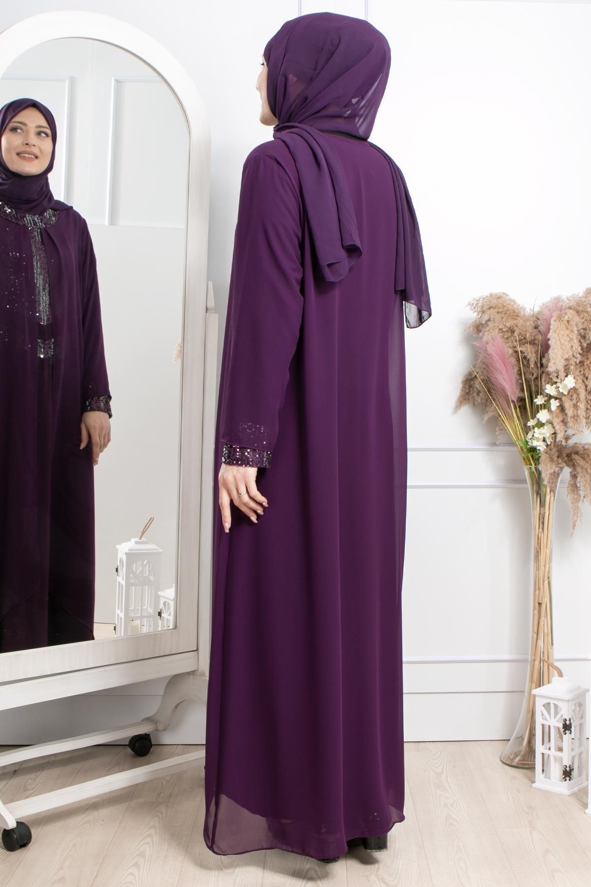 DENİMİNİ-Rochie de seara musulmana cu paiete cu paiete marime mari - Prune DNM2305 5