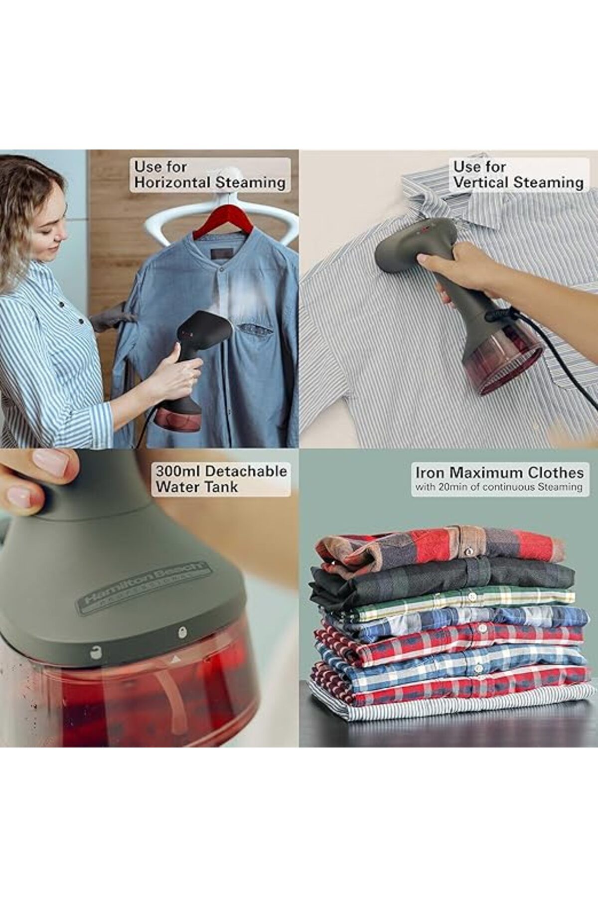 Hamilton Beach-Professional Handheld Garment Steamer w/ Fabric Brush, 2 Steam Modes,300ml,Ergonomic Handle,6ft cord 5