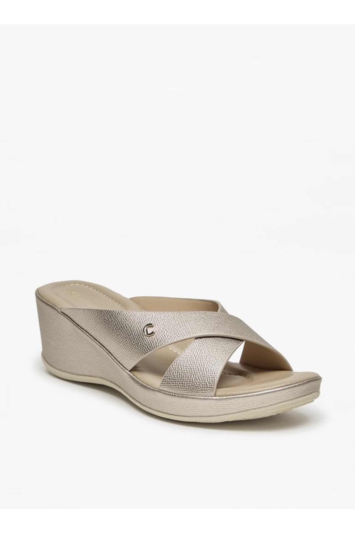 Le Confort-Textured Cross Strap Slip-On Sandals with Wedge Heel 1