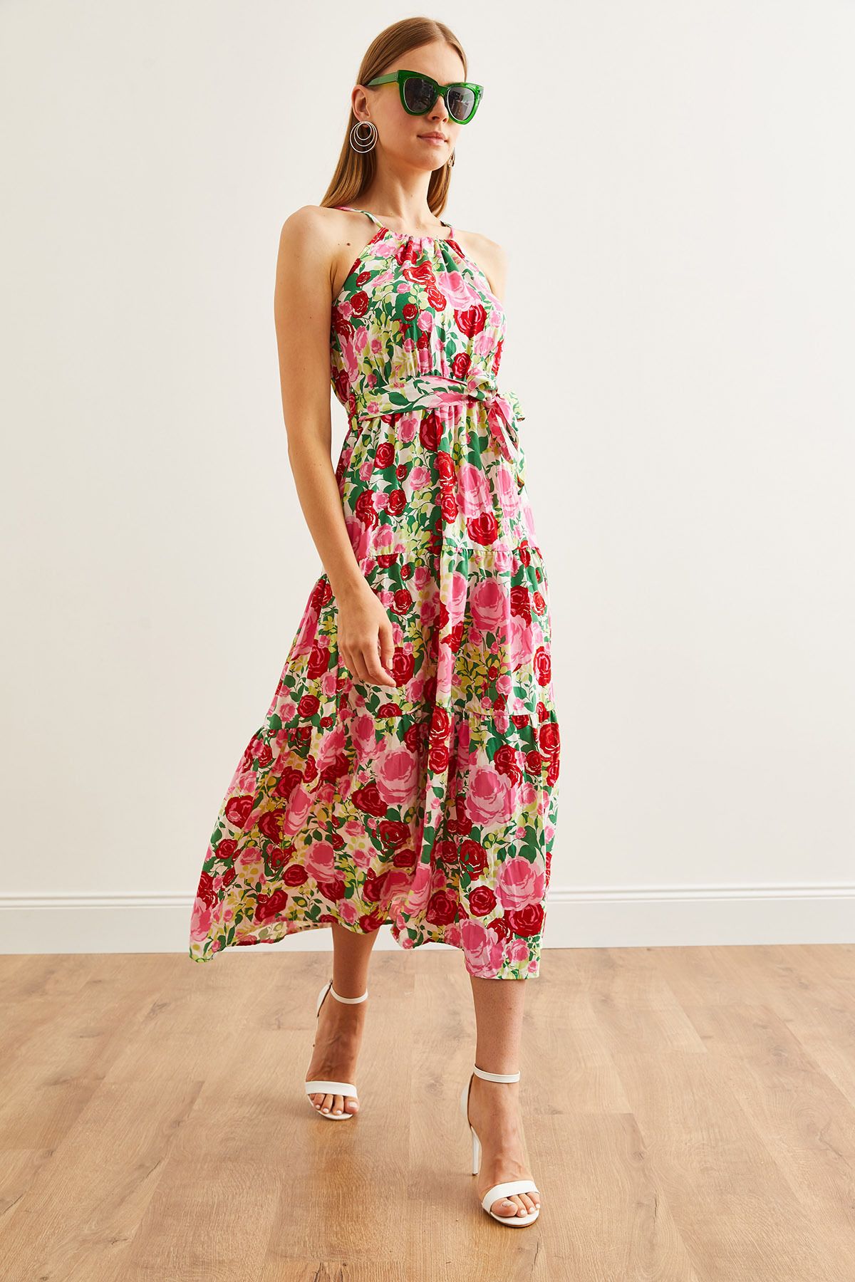 Kadın Gül Pembe Halter Yaka Kuşaklı Dokuma Viscon Elbise ELB-19001548